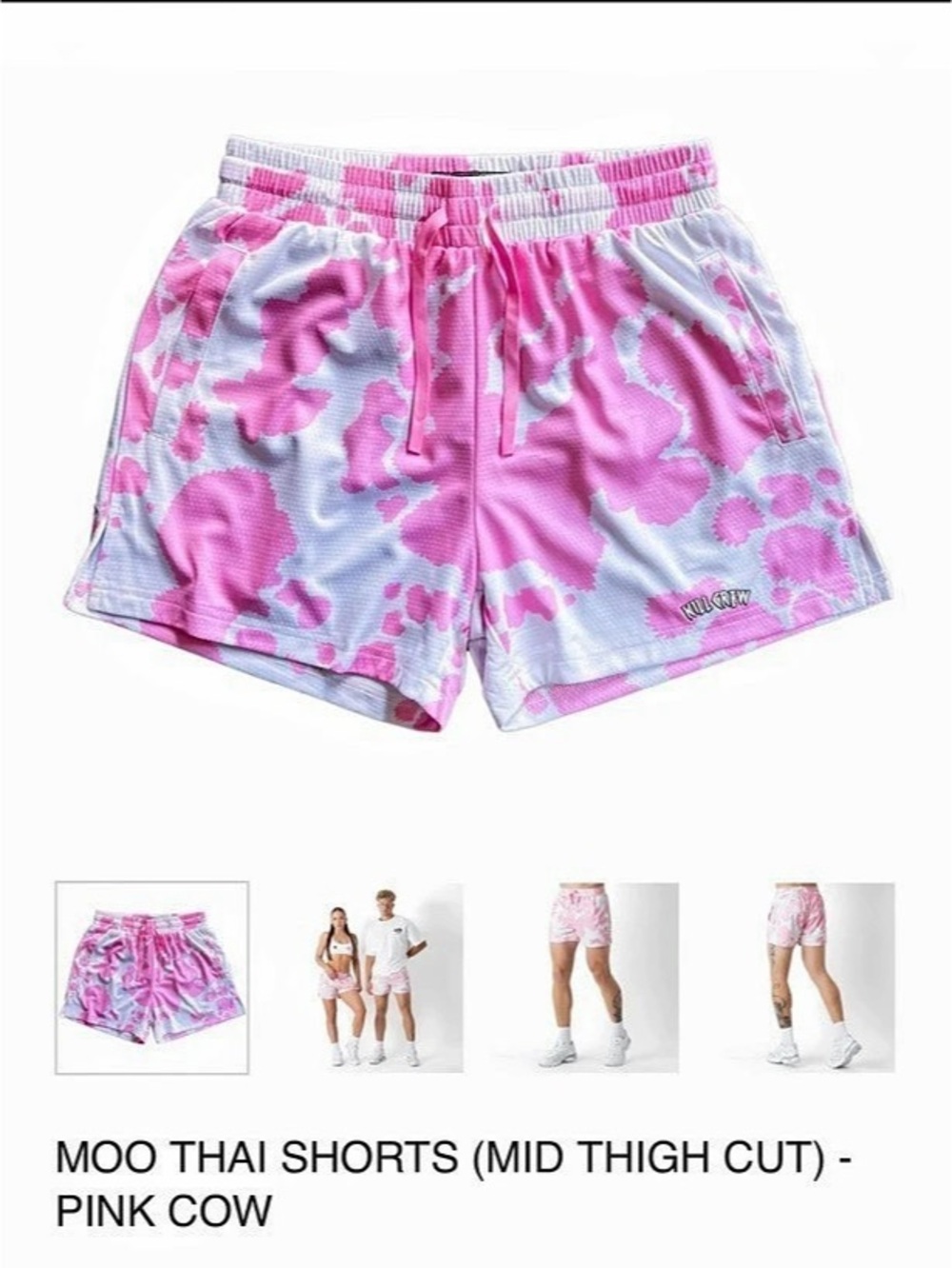 Kill Crew Moo Thai Shorts (Mid Thigh Cut) - Pink Cow Pink & White Size Small